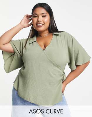 ASOS DESIGN Curve collared wrap blouse in khaki - ASOS Price Checker