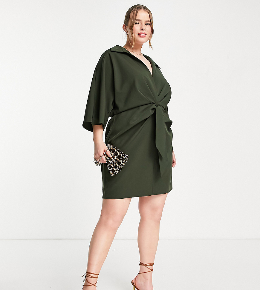 Plus-size dress by ASOS DESIGN Très chic Spread collar Batwing sleeves Twist knot front Slim fit