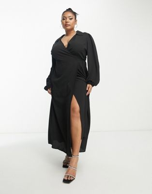 ASOS DESIGN Curve collared wrap midi dress in black - ASOS Price Checker