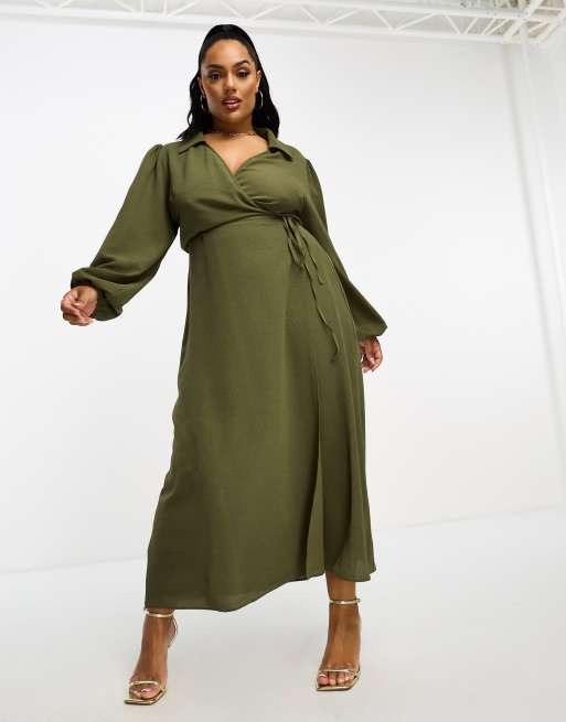 ASOS DESIGN Curve collared wrap midi dress in khaki | ASOS