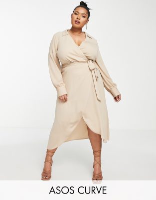 ASOS DESIGN Curve collared wrap midi dress with tie belt in stone | ASOS