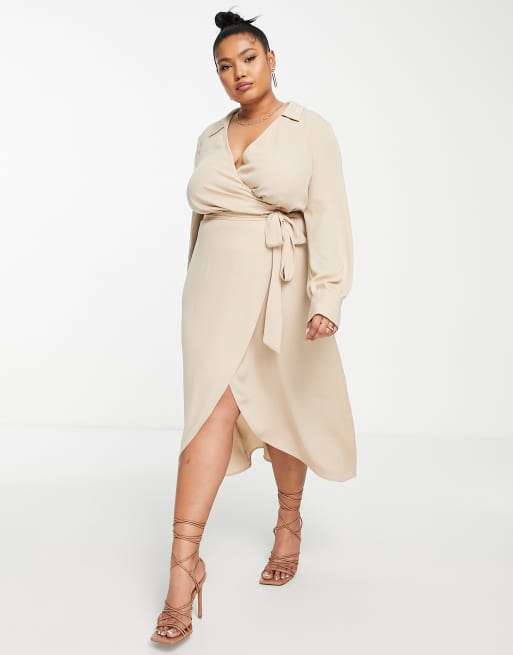 ASOS DESIGN wrap front collar long sleeve midi dress with tie waist in  terracotta