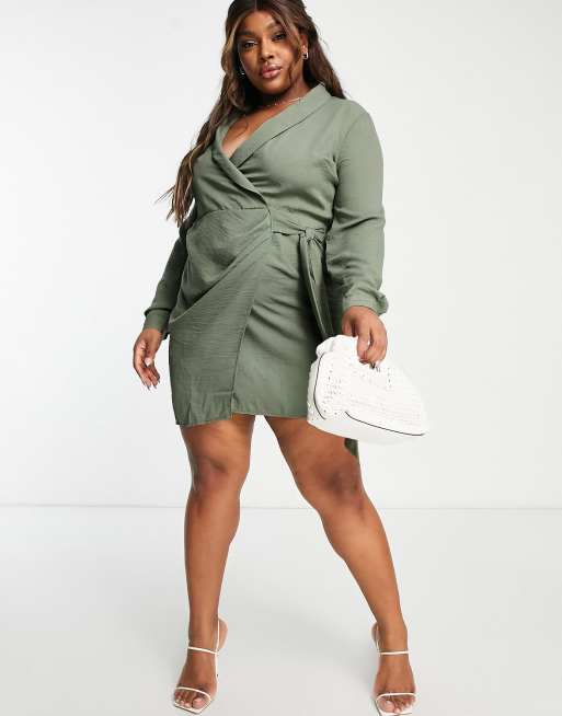 ASOS DESIGN Curve collared wrap mini dress in khaki, 2 of 4