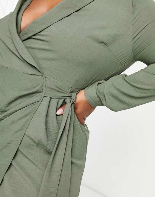 ASOS DESIGN Curve collared wrap mini dress in khaki, 3 of 4