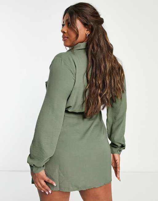 ASOS DESIGN Curve collared wrap mini dress in khaki, 4 of 4