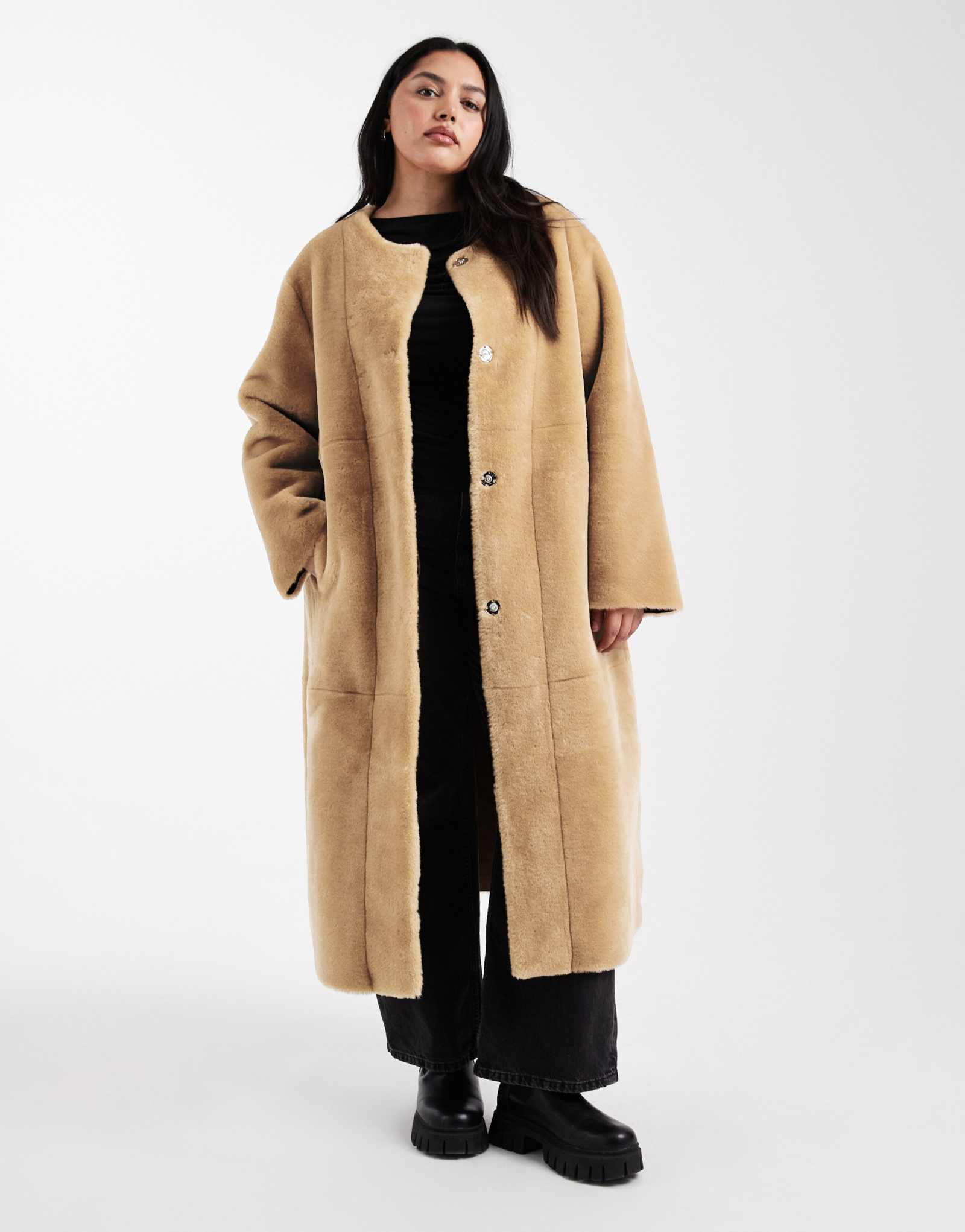 Бисквитное пальто из искусственного меха ASOS DESIGN Curve без воротника