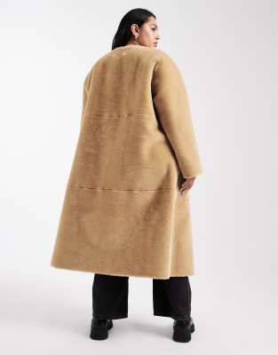 Asos Curve Asos Design Curve Collarless Bonded Faux Fur Coat In Brown