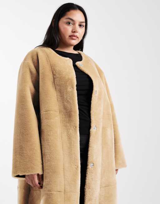 ASOS DESIGN Curve collarless bonded faux fur coat in biscuit ASOS
