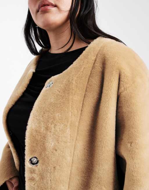 ASOS DESIGN Curve collarless bonded faux fur coat in biscuit