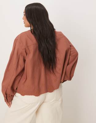 Asos Curve Asos Design Curve Collarless Twill Broderie Jacket In Brown