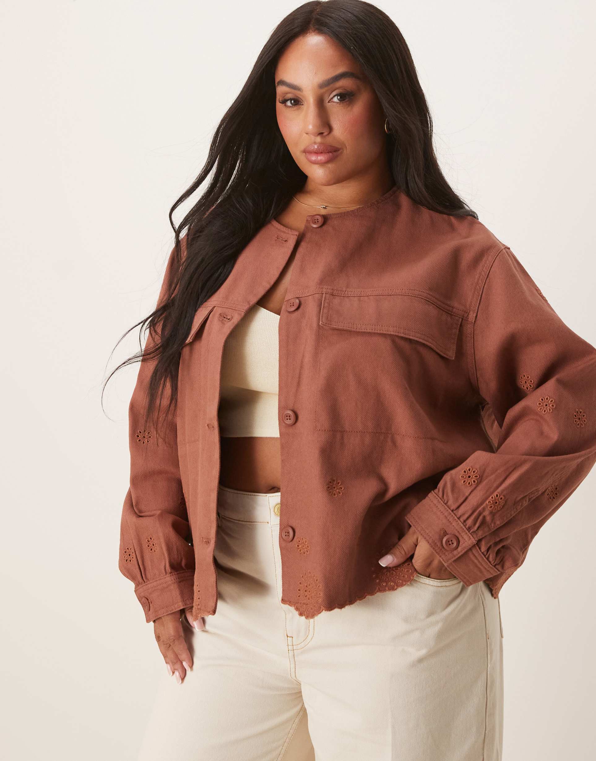 asos design curve collarless twill eyelet jacket in rust