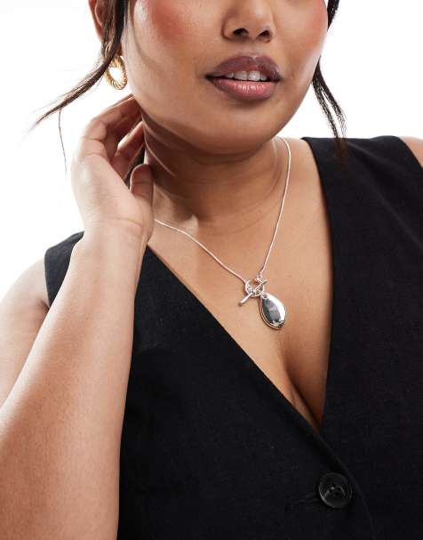 ASOS DESIGN Curve - Collier avec pendentif effet fondu et barre en T en plaqué argent - view 1