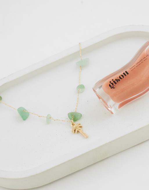 ASOS DESIGN Curve - Collier avec pendentif palmier et pierres semi-précieuses vertes - Doré, 2 de 4