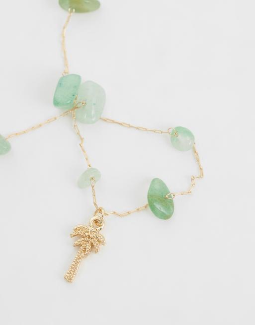 ASOS DESIGN Curve - Collier avec pendentif palmier et pierres semi-précieuses vertes - Doré, 3 de 4