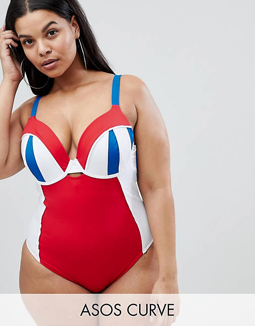 ASOS DESIGN curve color block cupped underwired swimsuit