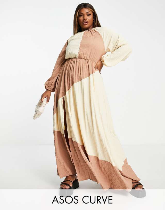 ASOS DESIGN Curve color block maxi dress in mocha and natural texture