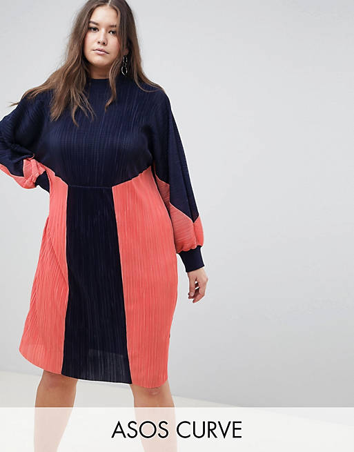 ASOS DESIGN Curve color block plisse sweat dress