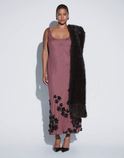 ASOS DESIGN Curve column maxi dress with floral hem embellished dress in terracotta - view 1