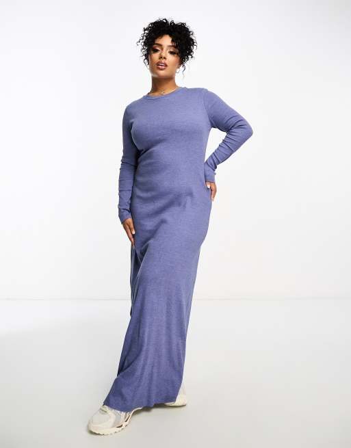 ASOS DESIGN Curve column ribbed maxi dress with crew neck in blue