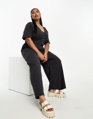 ASOS DESIGN Curve jersey button front chuck on jumpsuit in washed black - ASOS Price Checker