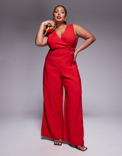 ASOS DESIGN Curve - Combinaison cache-cœur avec découpe sur le devant et boucle - Rouge - view 1
