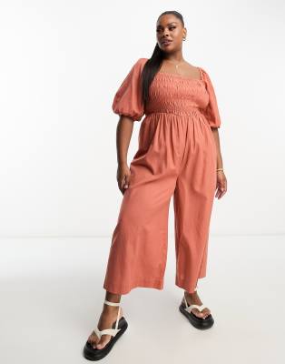 ASOS DESIGN Curve - Combinaison en imitation lin avec manches bouffantes et corsage froncé - Rouille | ASOS