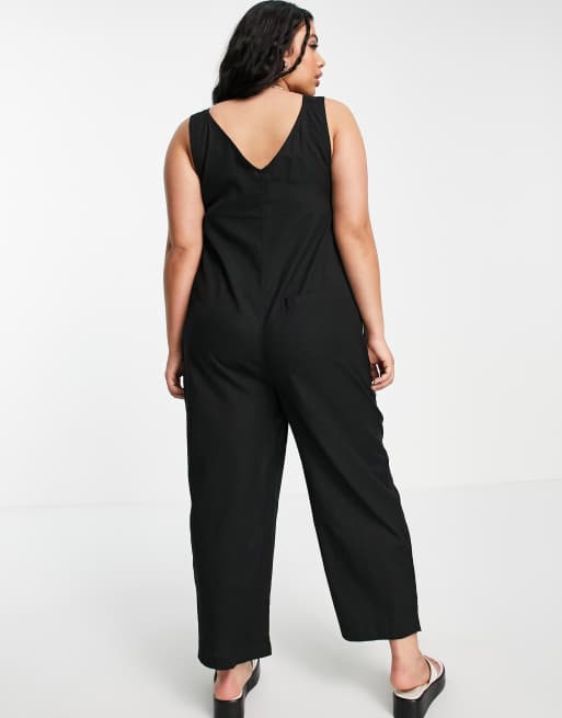 ASOS DESIGN Curve - Combinaison en lin minimaliste boutonnée avec plis - Noir, 2 de 4