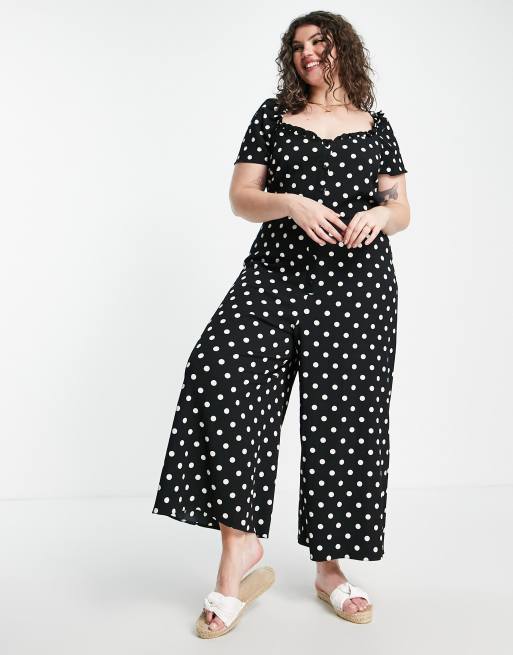 ASOS DESIGN Curve - Combinaison folk à manches courtes en crêpe texturé à pois - Noir et blanc, 2 de 4