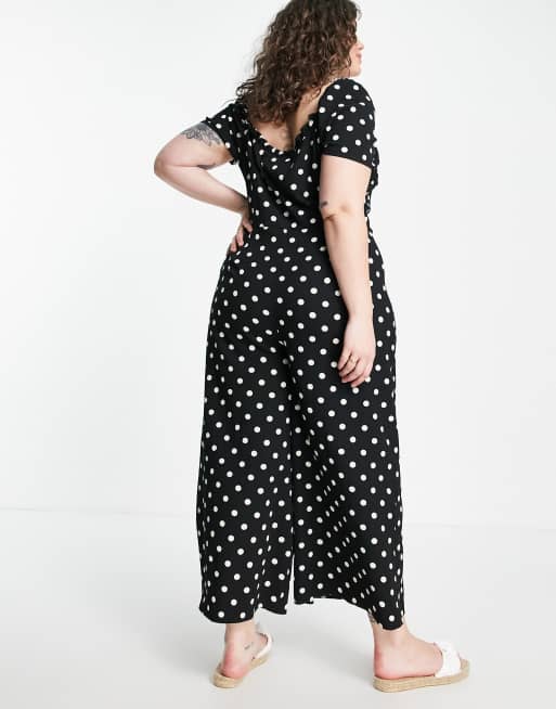 ASOS DESIGN Curve - Combinaison folk à manches courtes en crêpe texturé à pois - Noir et blanc, 3 de 4
