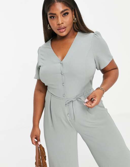 ASOS DESIGN Curve - Combinaison jupe-culotte rétro à manches courtes en crêpe texturé - Sauge, 3 de 4