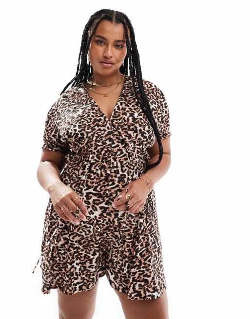 ASOS DESIGN Curve - Combishort à manches bouffantes et large col - Imprimé léopard, 2 de 4