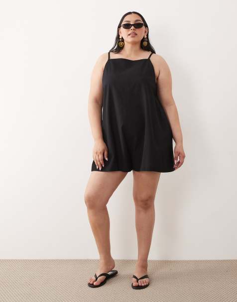 ASOS DESIGN Curve - Combishort chasuble en lin et coton - Noir - view 1