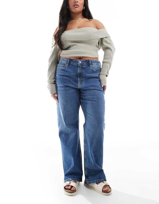 ASOS DESIGN Curve - Comfortabele stretchjeans met rechte pijpen in authentiek donker middenblauw