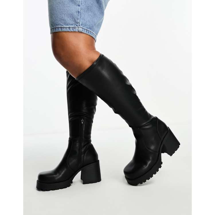 Women's Chunky Heeled Long Boots, Retro Solid Color Lace Up Knee