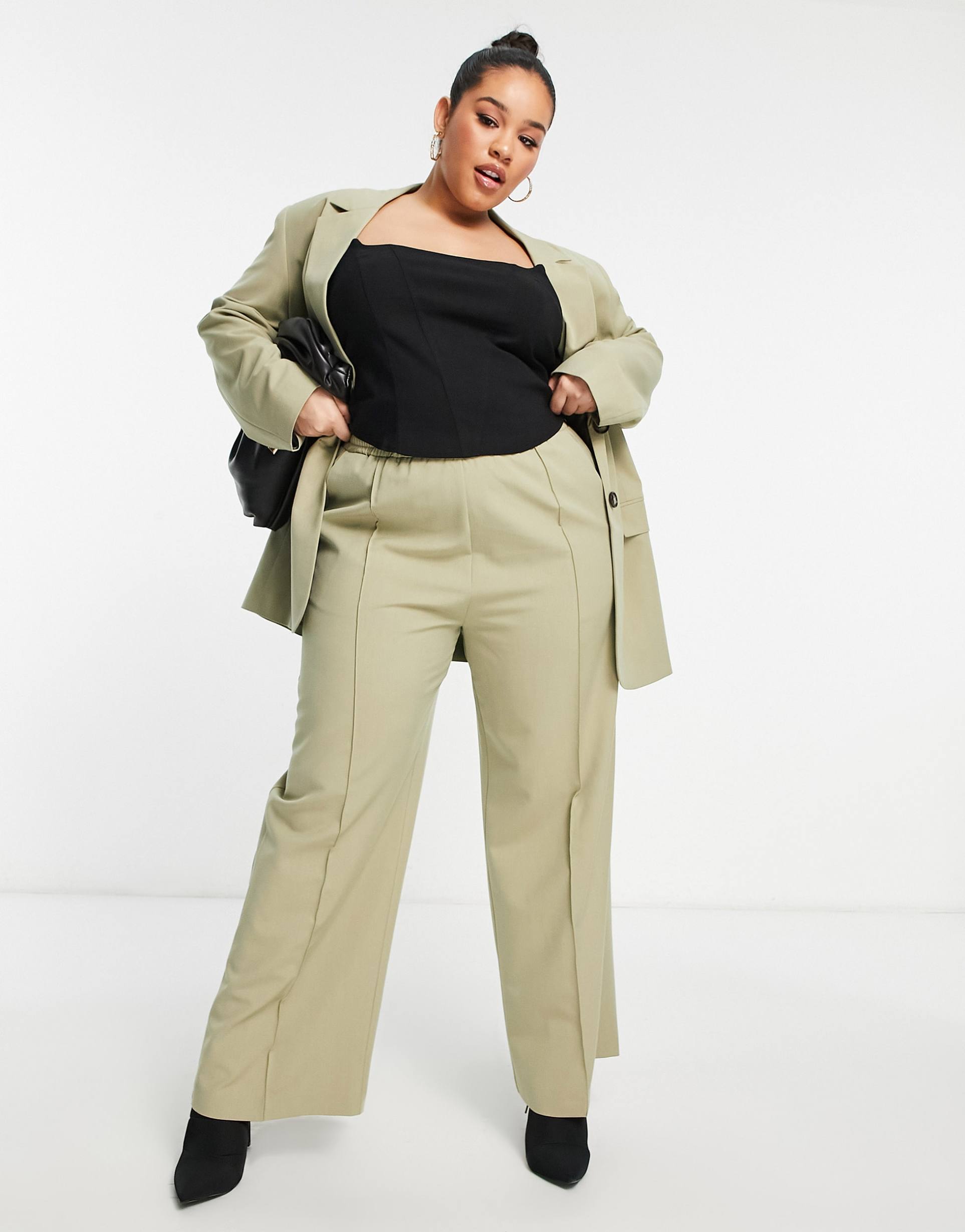 asos design curve commuter suit elastic waist pants in sage