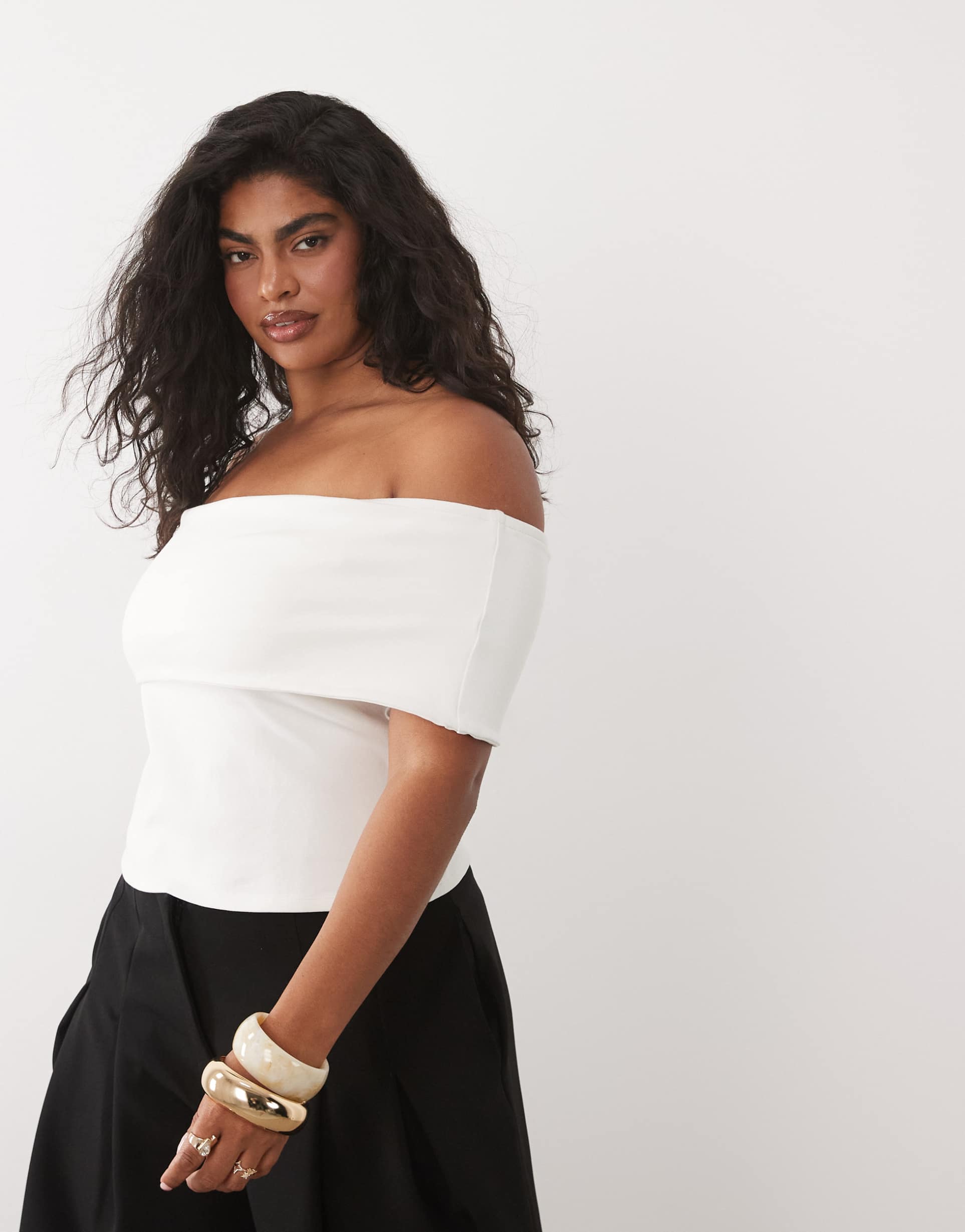 asos design curve compact cotton bardot top in cream