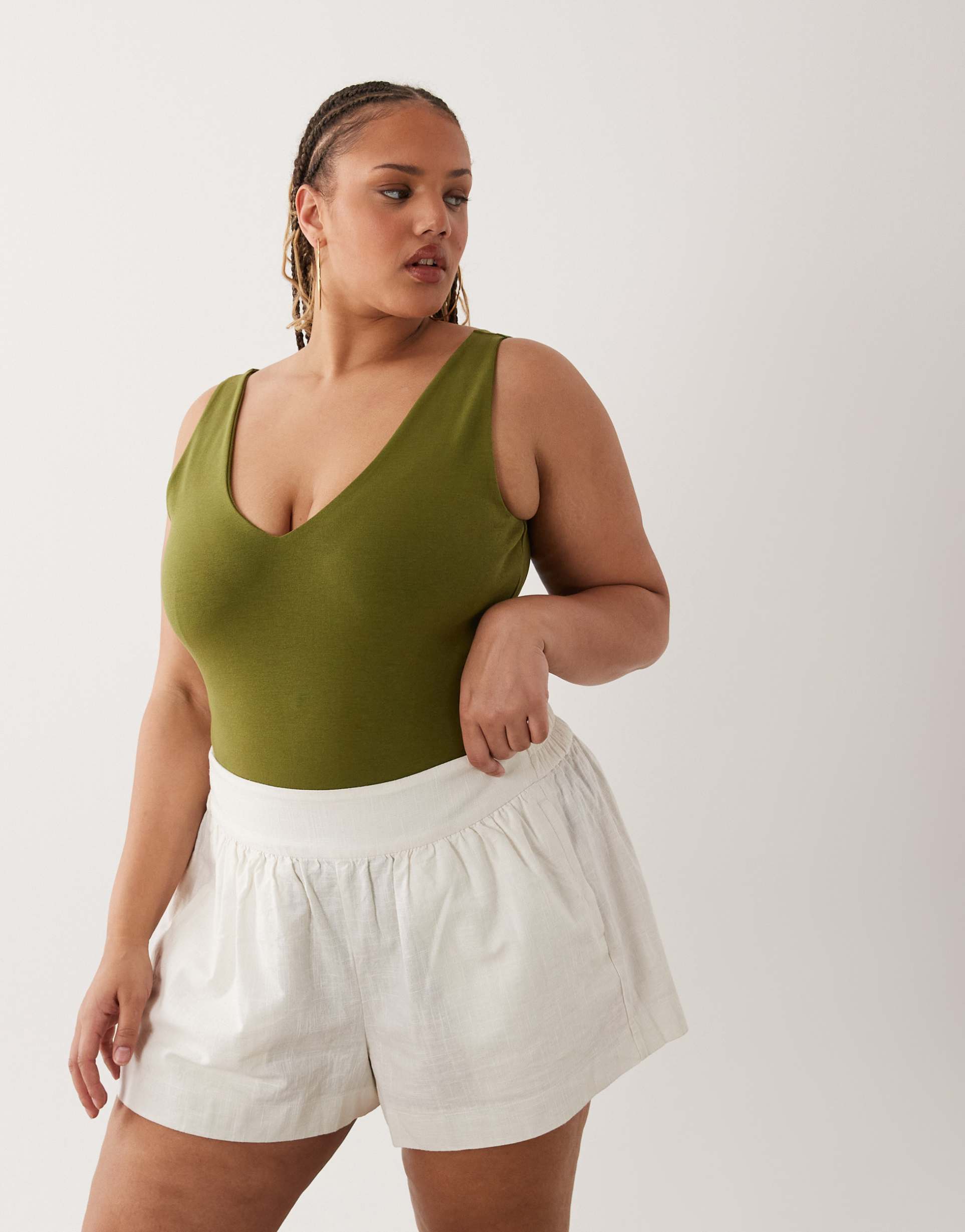 asos design curve compact cotton blend v-neck bodysuit in khaki green