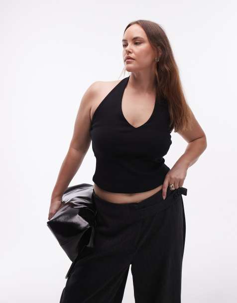 ASOS DESIGN Curve compact cotton halterneck top in black - view 1