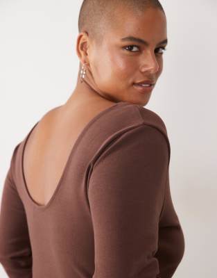 Asos Curve Asos Design Curve Compact Cotton Long Sleeve Top With Curved Neckline In Brown
