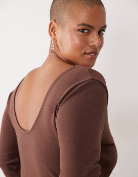 ASOS DESIGN Curve compact cotton long sleeve top with curved neckline in chocolate - view 1
