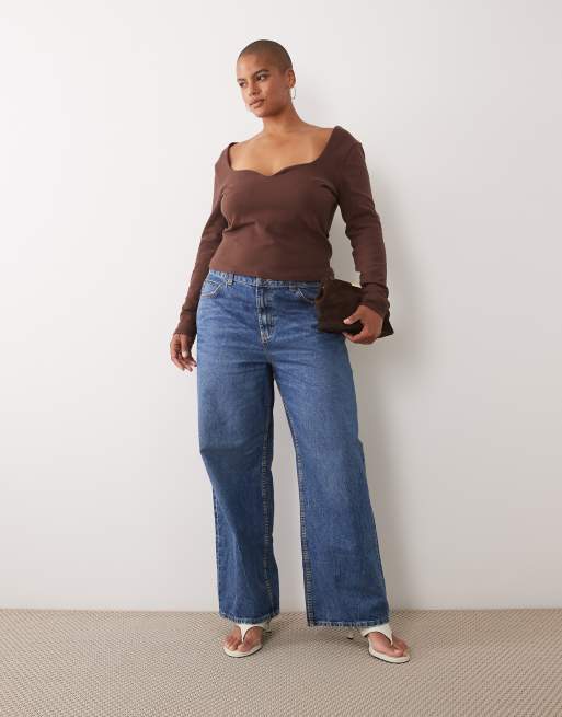 ASOS DESIGN Curve compact cotton long sleeve top with curved neckline in chocolate, 3 of 4
