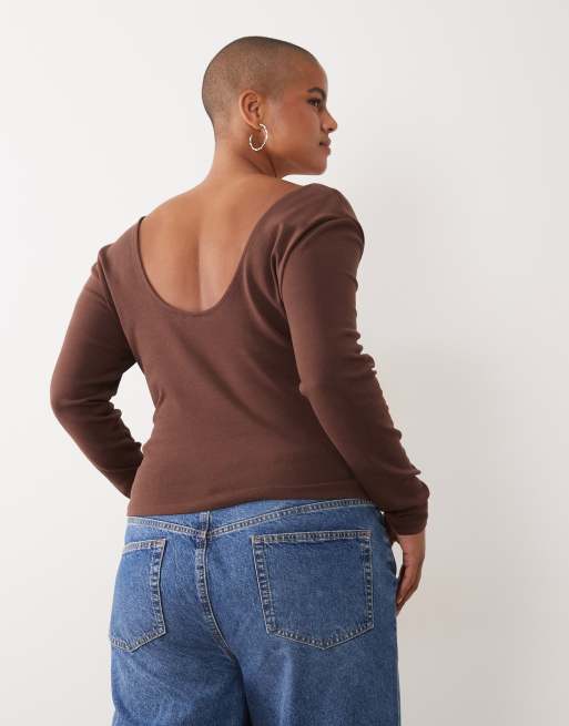 ASOS DESIGN Curve compact cotton long sleeve top with curved neckline in chocolate, 4 of 4
