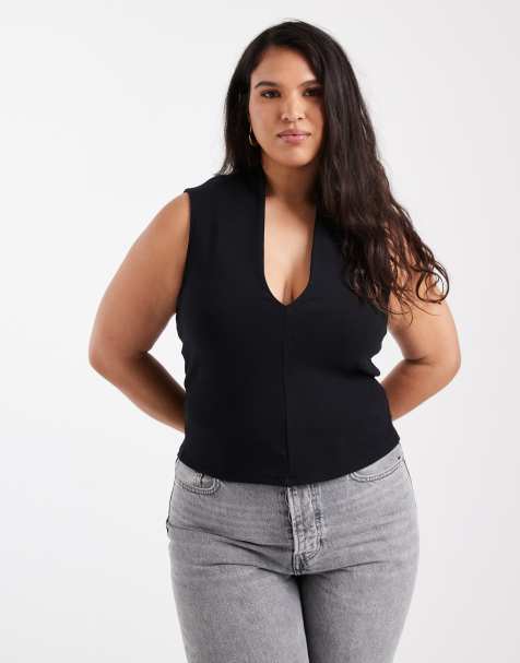 ASOS DESIGN Curve compact cotton plunge top in black - view 1