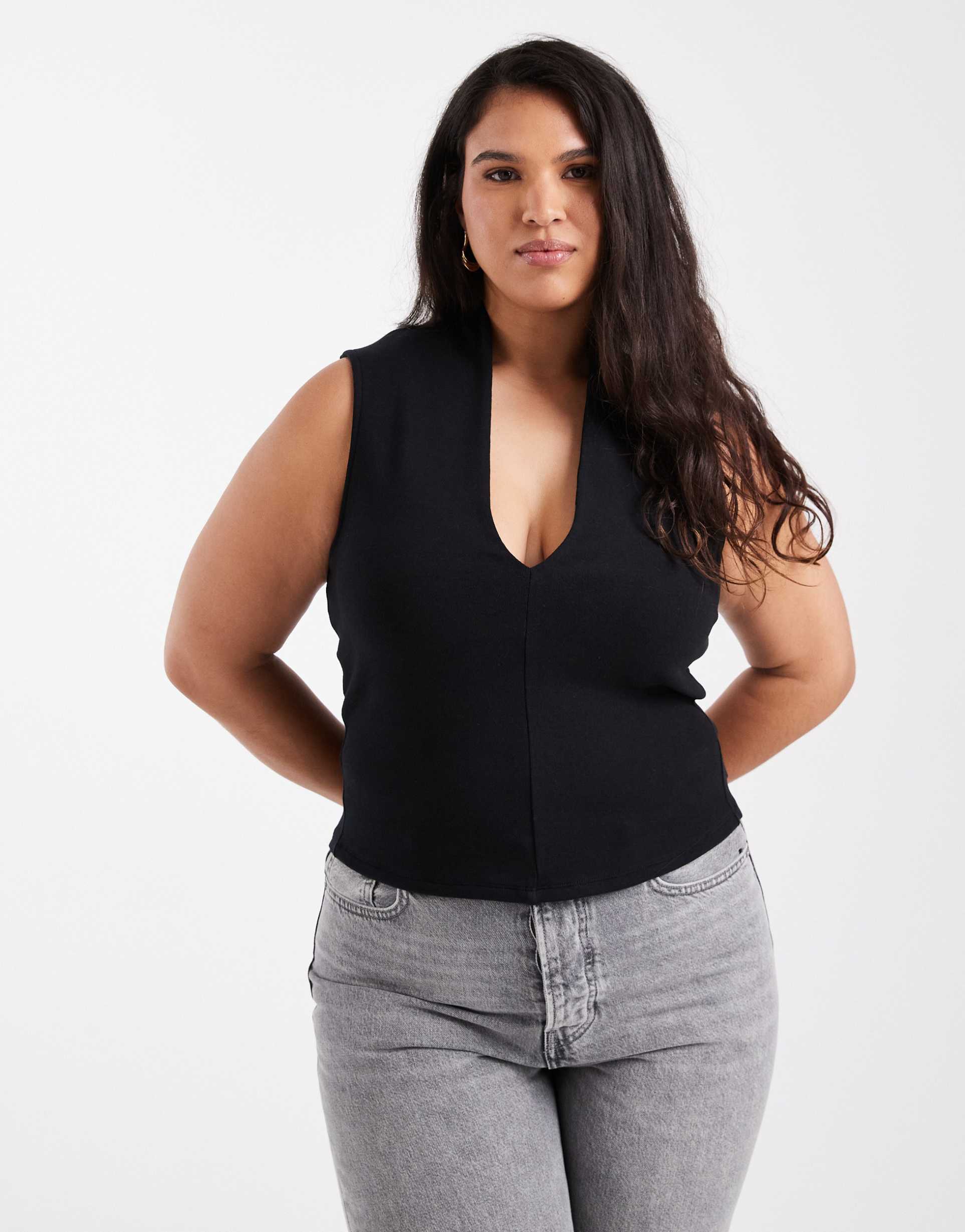 asos design curve compact cotton plunge top in black