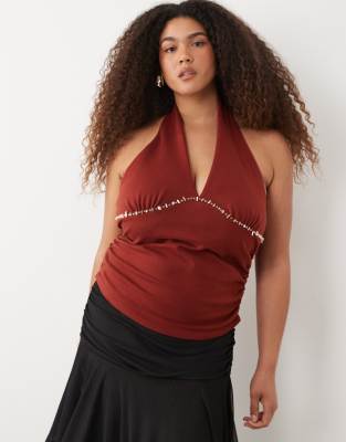 Asos Curve Asos Design Curve Compact Cotton Ruched Halter Neck Top With Bead Detail In Red