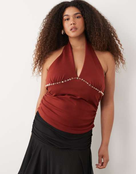 ASOS DESIGN Curve compact cotton ruched halter neck top with bead detail in rust red - view 1