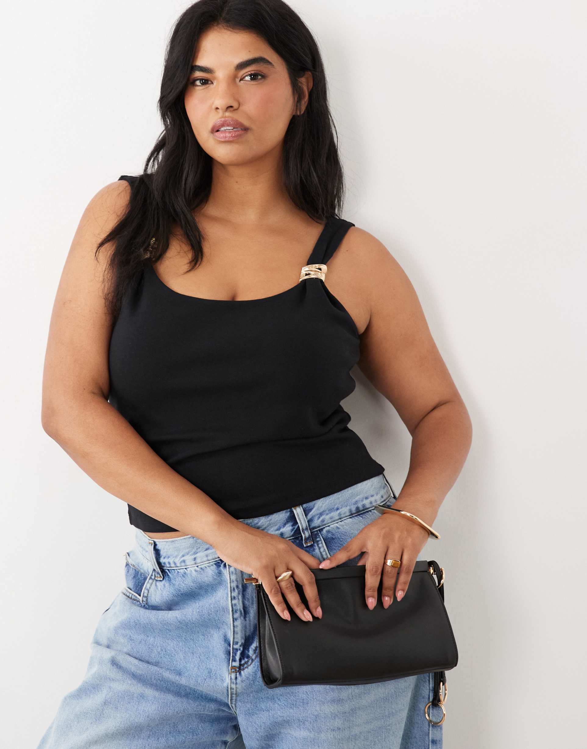 asos design curve compact cotton tank top with gold trim in black