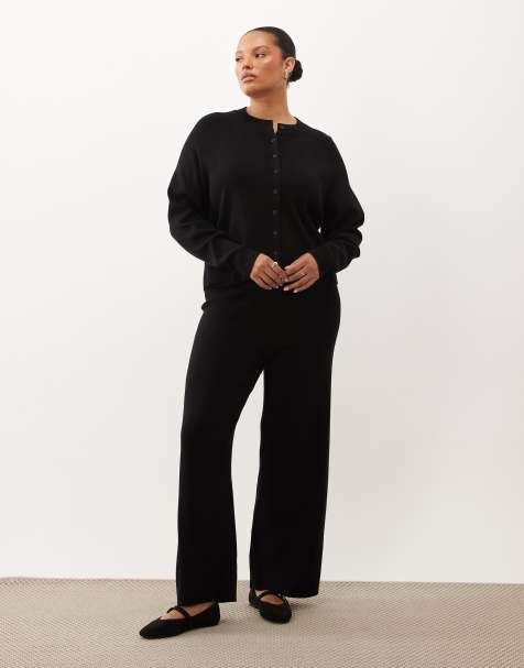ASOS DESIGN Curve compact knit boxy cardigan & straight leg trouser co-ord in black - view 1