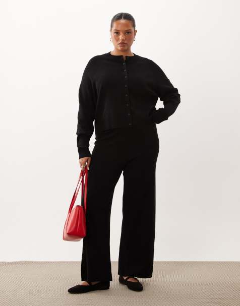 ASOS DESIGN Curve compact knit straight leg trouser co-ord in black - view 1