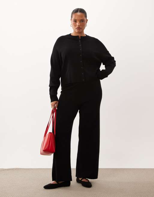 ASOS DESIGN Curve compact knit boxy cardigan & straight leg trouser co-ord in black, 3 of 3